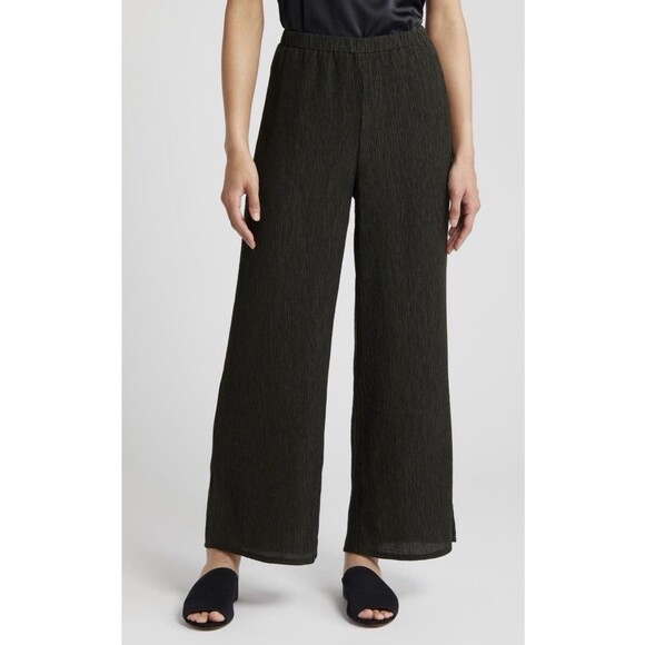 EILEEN FISHER Crinkled High Rise Wide Leg Crop Pants Medium Petite Gray Elastic - Picture 1 of 10